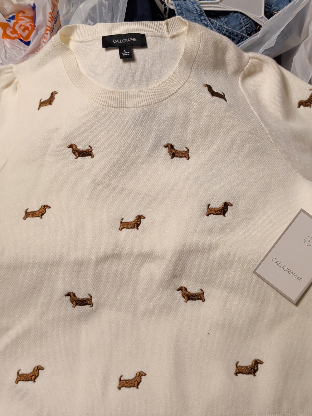 Anthropologie Cream Sweater with Dachshund Embroidery Calligraphe NWT Large